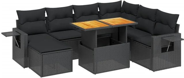 vidaXL 8-teilige Garten-Sofagarnitur in L-Form aus schwarzem Poly-Rattan mit Kissen und Akazienholz - Bild 1