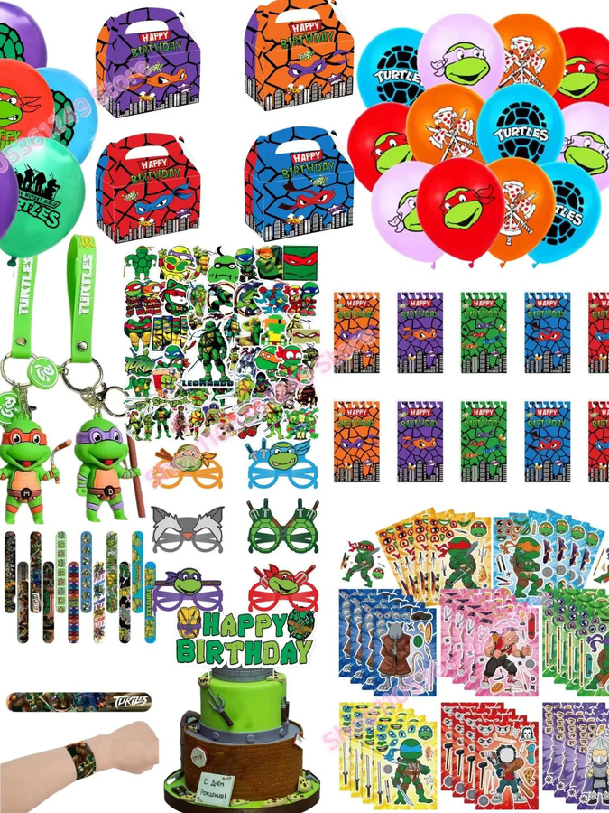 Hasbro Cartoon-Schildkröten Partyzubehör Set mit Ninja-Ballonfiguren, Armbändern und Aufklebern in Multicolour für Kinder Geburtstage - Bild 3