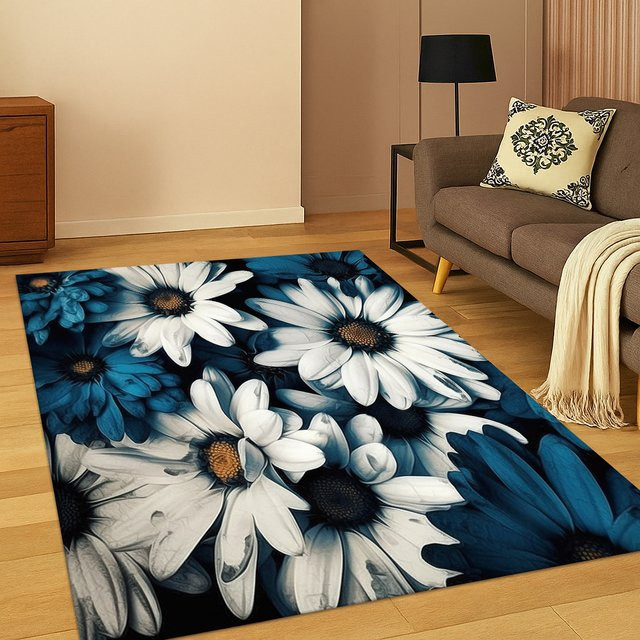 Faviora Rutschfester Teppich mit floralem Gänseblümchen- und Sonnenblumenmuster in Mehrfarbig, Rechteckig, Modern - Bild 1