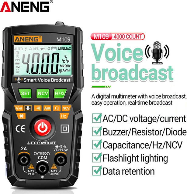 ANENG M109 Smart Multimeter Tester AC/DC Spannungsmessgerät mit Sprachausgabe, NCV, Kapazitäts- und Durchgangsprüfung, Schwarz - Bild 1