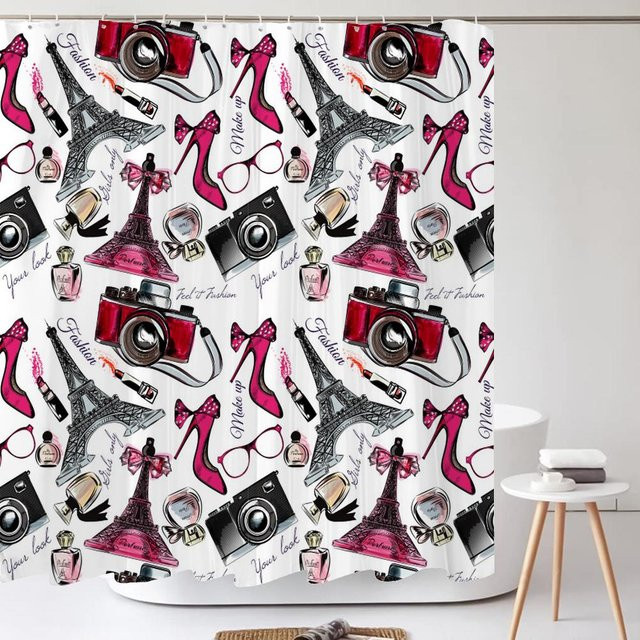 Dunika Chen Duschvorhang mit modernem Mädchen-Motiv aus Polyester, wasserdicht und schimmelresistent, Mehrfarbig, B: 110 cm, H: 175 cm - Bild 1