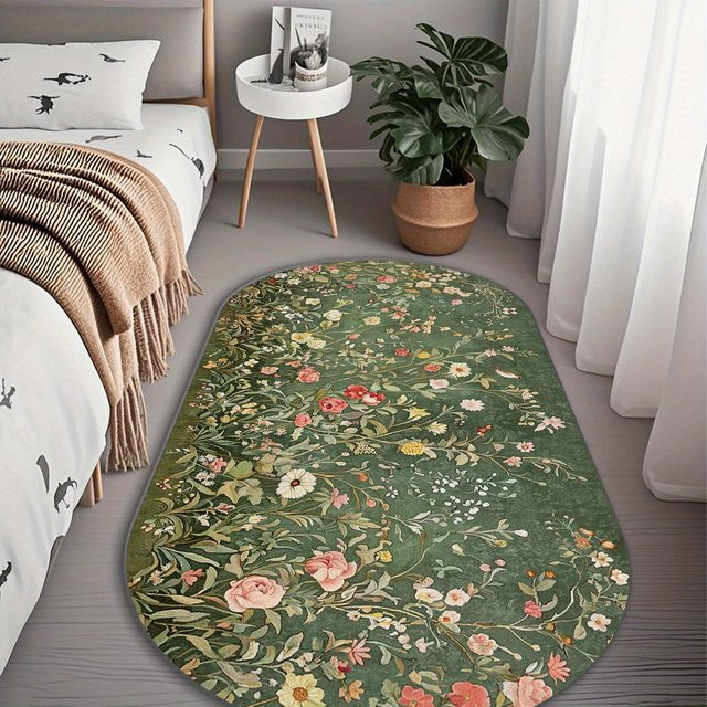 VIKAMA Teppich in Grün mit floralem Art-Nouveau-Design, ovale Bodenmatte für Wohnzimmer, Schlafzimmer oder Badezimmer, Durchmesser: 60 cm - Bild 1