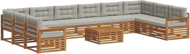 vidaXL Sofagarnitur aus Massivholz Akazie in Natur und Hellgrau, 11-teiliges Lounge-Set in U-Form mit Tisch, Sitzkissen und Rückenkissen - Bild 1