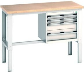 Bott Werkbank cubio mit 4 Schubladen, höhenverstellbar, Buche-Multiplexplatte, Lichtgrau RAL 7035, B/T/H: 1500 x 750 x 740–1140 mm - Bild 1