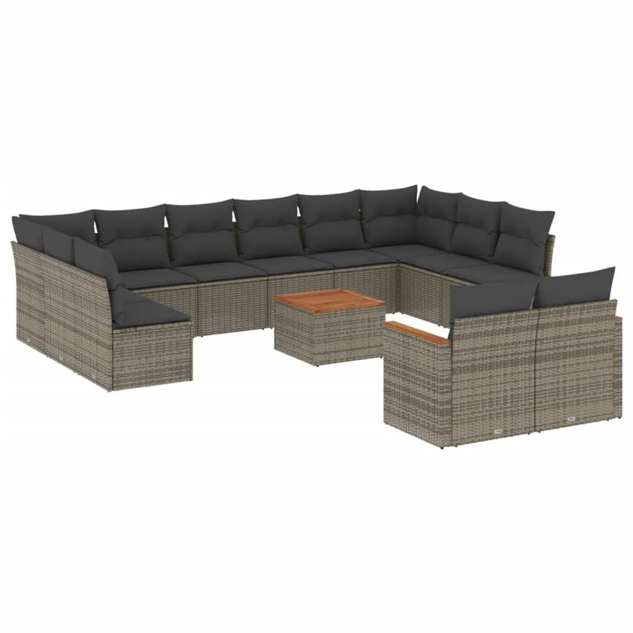 vidaXL 13-teilige Garten-Sofagarnitur aus Poly-Rattan und Akazienholz in Grau mit Kissen - Bild 2