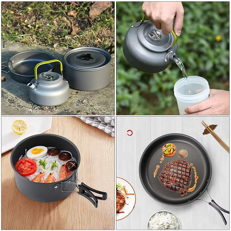 9-teiliges Camping-Kochgeschirr-Set von LONENESSL aus Aluminium mit Pfanne, Topf und Wasserkessel für Outdoor und Wandern - Bild 4