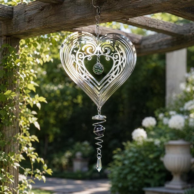 Reflektierender Windspinner aus Edelstahl in Herzform als dekorative Vogelabwehr für deinen Garten, Farbe: Silber - Bild 1