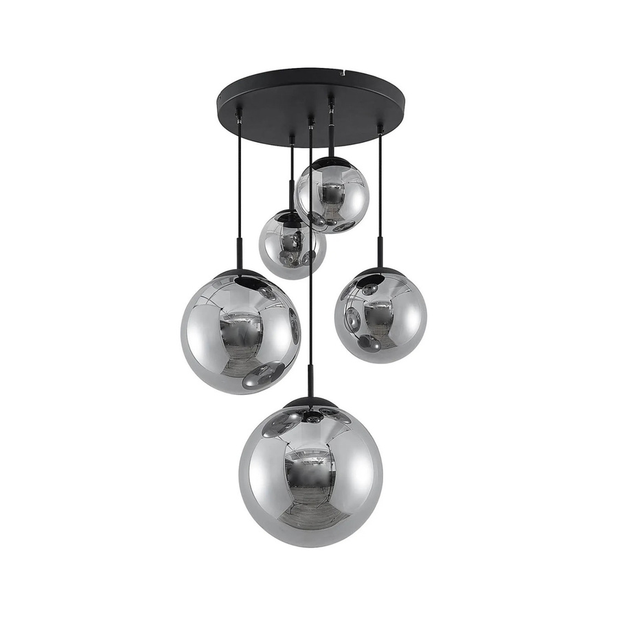 Lindby Pendelleuchte Teeja Retro Vintage Antik, 5-flammig, Alu-grau und Glas transparent, E27 - Bild 2