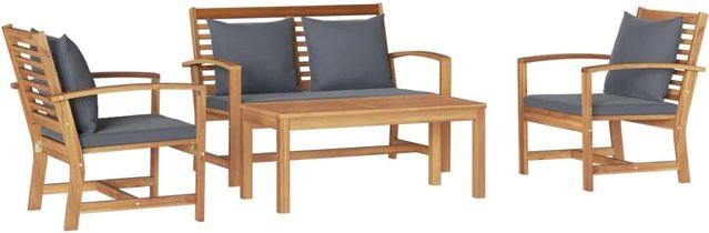 vidaXL Gartenmöbel-Set aus Massivholz Teak in Braun mit 4 Stühlen und 1 Tisch sowie wetterfesten Kissen - Bild 1