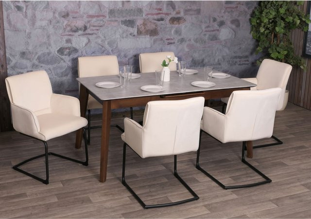 6er-Set MCW Freischwinger N60 Esszimmerstühle mit Armlehnen aus Textil in Beige - Bild 1