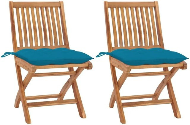 vidaXL Gartenstühle Set aus 2 Stück aus Teakholz mit hellblauen Kissen in Braun und Blau - Bild 1
