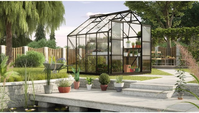 Gewächshaus Vitavia Uranus 6700 aus Aluminium in Schwarz mit Sicherheitsglas, Fundament, Dachfenster und Regenrinnen - Bild 1
