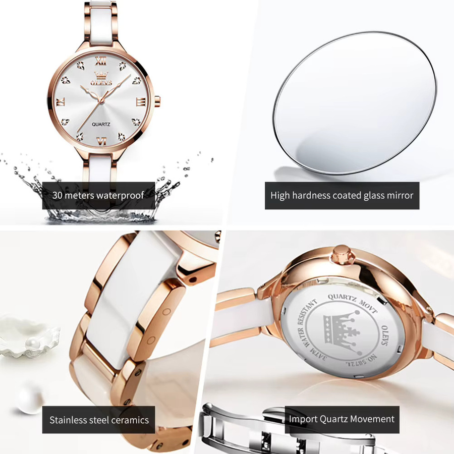 OLEVS Armbanduhr, Quarz, Edelstahl, Keramik, Bicolor, Weiß, Damen - Bild 3