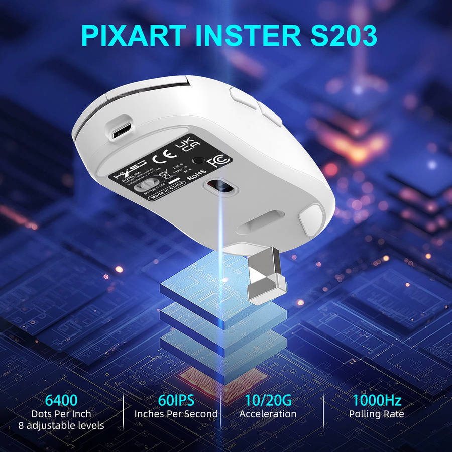 HXSJ Wireless E-Sports Gamer-Maus in Weiß mit Bluetooth 5.4, 6-Tasten und 6400 CPI für Desktop und Notebook - Bild 2