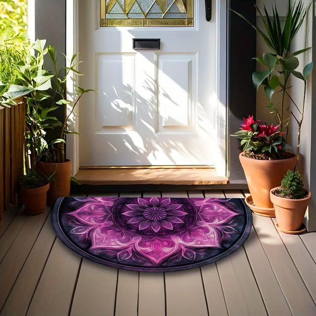 Rutschfeste Halbkreis Fußmatte mit Retro Mandala Design in Lila, B/B: 80 x 50 cm - Bild 1