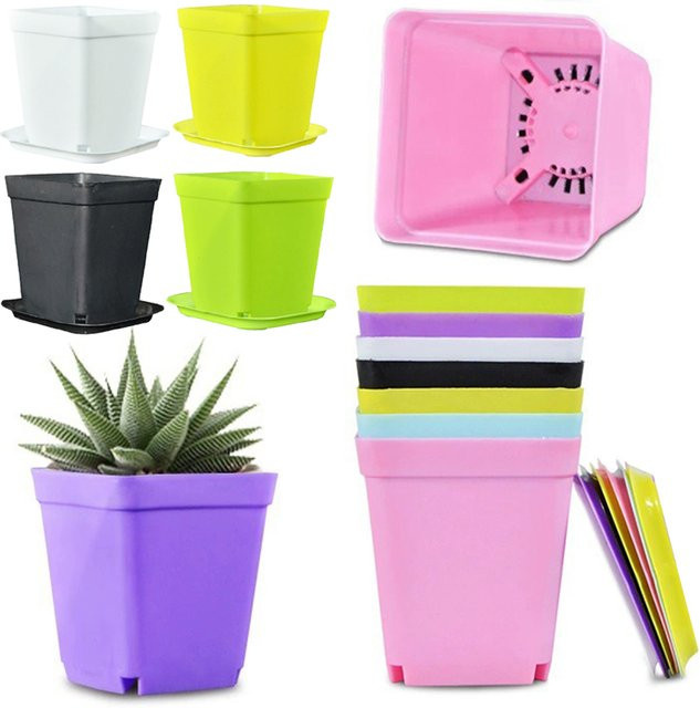 20er Set Mini Blumentöpfe mit Tablett in Candy-Farben, quadratische Kunststoff-Pflanzgefäße für Sukkulenten und Zimmerpflanzen, Durchmesser: 7 cm - Bild 1