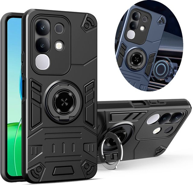 Stoßfeste Schutzhülle mit Ringhalter und Ständer für VIVO Y29 Y39 Y04 Y29S T4X V50 Lite V50E V50 in Schwarz - Bild 1