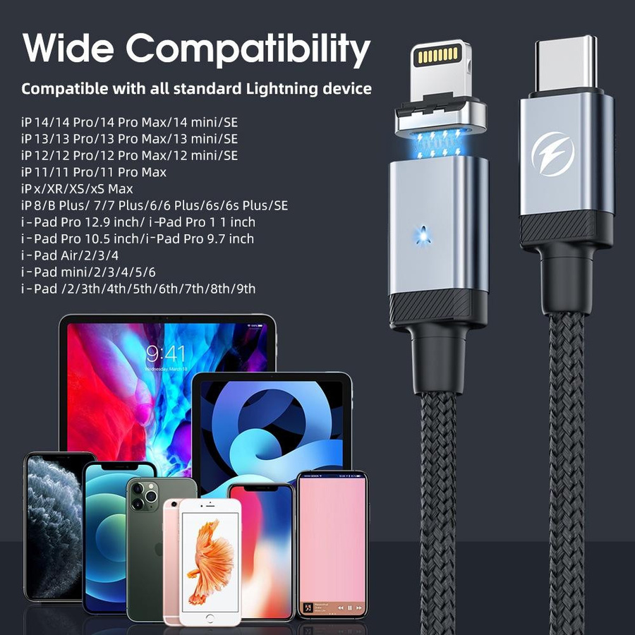 Fonken Magnetisches USB-C-Schnellladekabel Set mit PD 65 W USB-C-auf-Typ-C und 27 W USB-C-auf-Lightning für iPhone und Samsung, Schwarz, Länge: 2 m - Bild 5