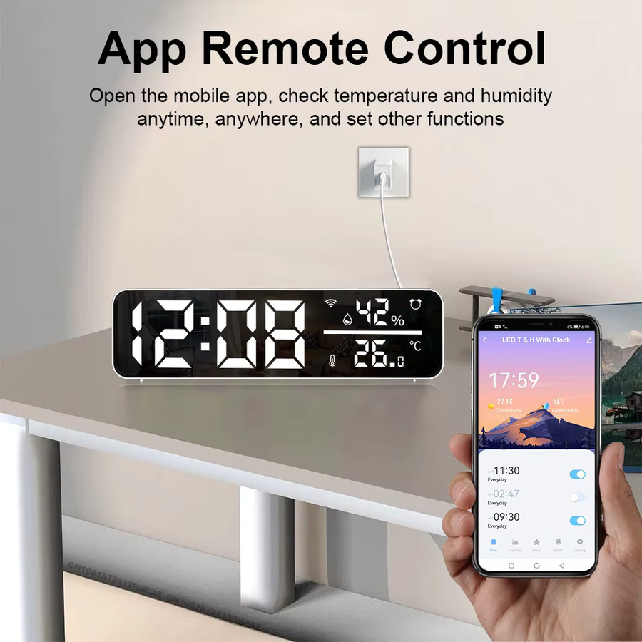 Tuya WiFi Smart Wecker mit Temperatur- und Feuchtigkeitssensor, LED-Display, Green, Smart Life App Steuerung, kompatibel mit Alexa und Google Home - Bild 3