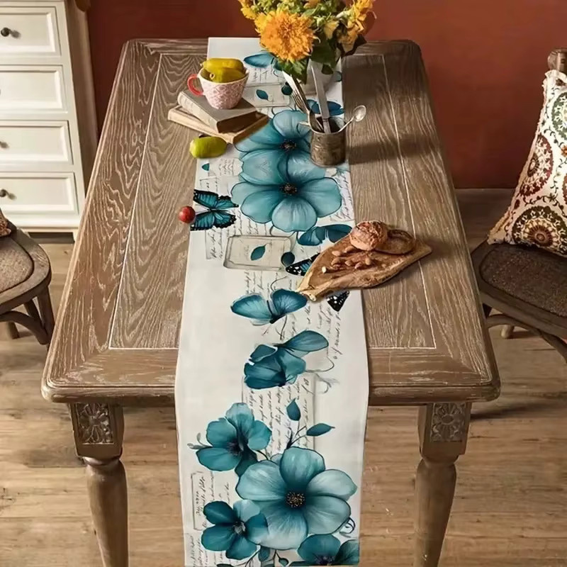 VIKAMA Retro-Tischläufer aus Leinen mit blauem Blumenmuster, rechteckig, B/H: 90 x 33 cm - Bild 3