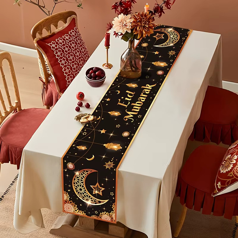 VIKAMA Tischläufer Schwarz-Gold mit Glitzer-Effekt für Eid Mubarak und festliche Anlässe, Material: Leinen, Breite: 33 cm, Länge: 90 cm - Bild 2