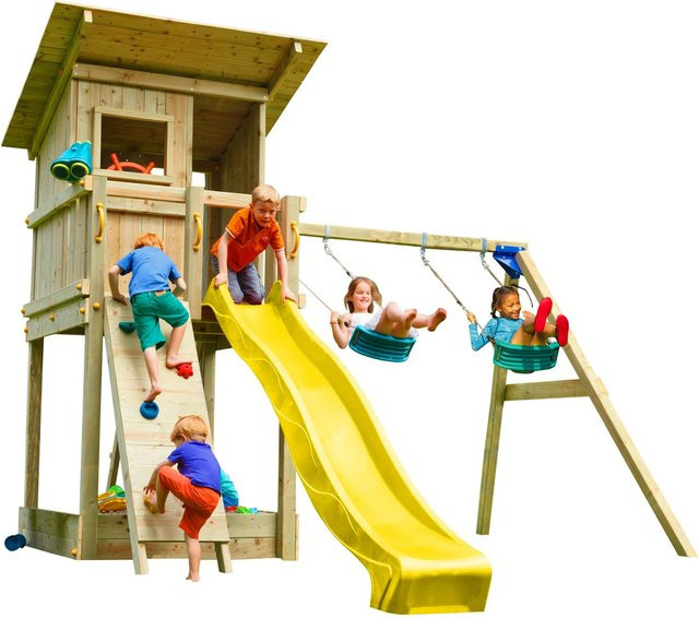 Spielturmking Spielturm BEACH HUT, mit Rutsche, Doppelschaukel, Kletterwand, Gelb - Bild 1