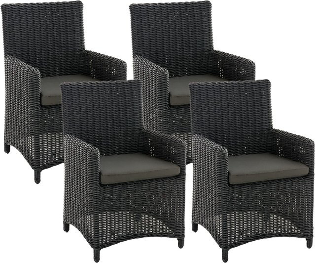 CLP Gartenstuhl 4er Set Fontana, Polyrattan Gartenstühle in Grau mit Sitzkissen und Armlehnen, Wetterfeste Outdoor Hochlehner Sessel aus Polyrattan und Metall - Bild 1