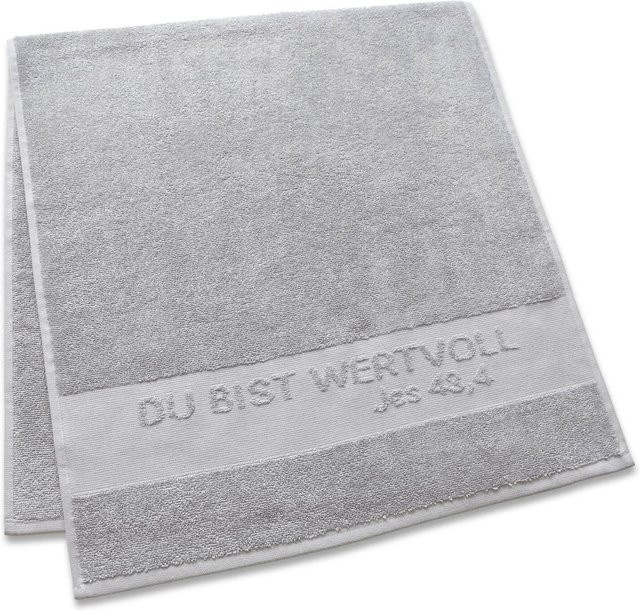 Fluffy Dusch- und Badetuch Uljö in Grau mit Motiv Du bist wertvoll, 70 x 450 cm - Bild 1