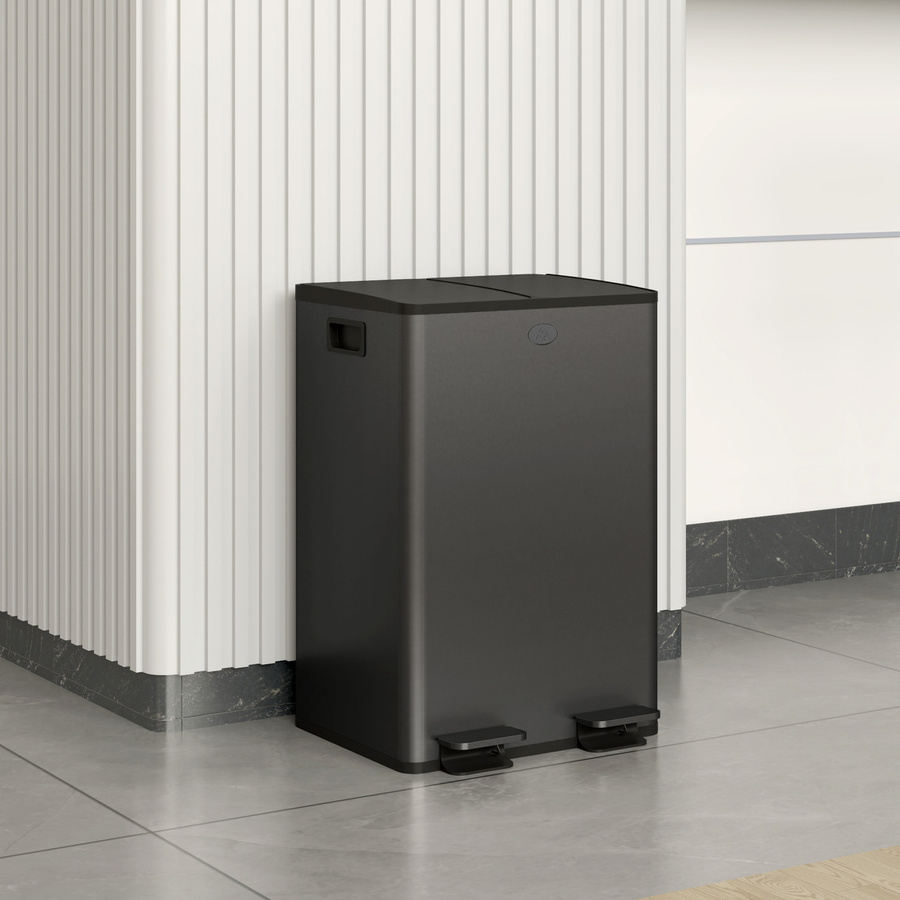 HOMCOM Mülltrennsystem aus Edelstahl mit 2 x 28L Volumen, Schwarz, Treteimer mit Softclose-Deckel, herausnehmbaren Inneneimern und Deodorant-Fächern - Bild 2