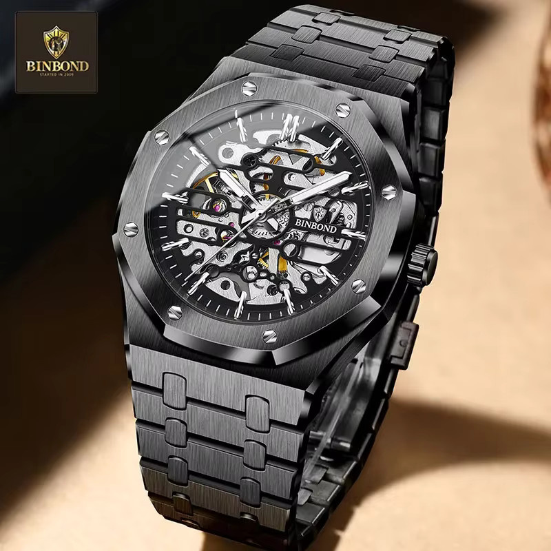BINBOND Armbanduhr Edelstahl, Automatik, Skeleton, Schwarz, Herren - Bild 2