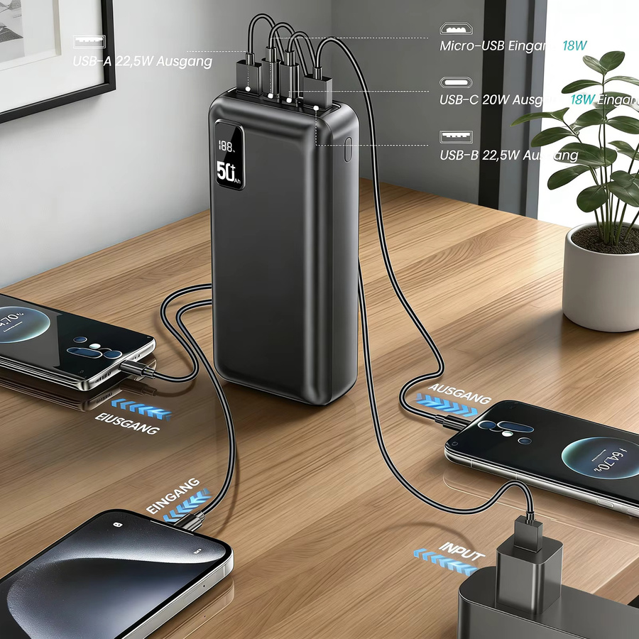 Hganus Powerbank 50000mAh mit 22,5W Schnellladung QC PD3.0 und USB-C Ausgang in Schwarz - Bild 3