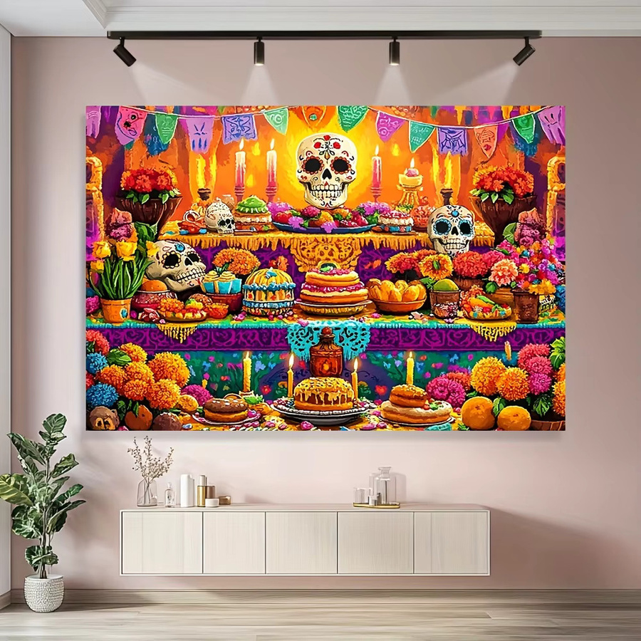 VIKAMA Day of the Dead Wandteppich mit floralem Zuckerschädel-Muster in Multicolour, mexikanisches Banner für Halloween, Hochzeiten und Geburtstage, B/H: 100 x 75 cm - Bild 3