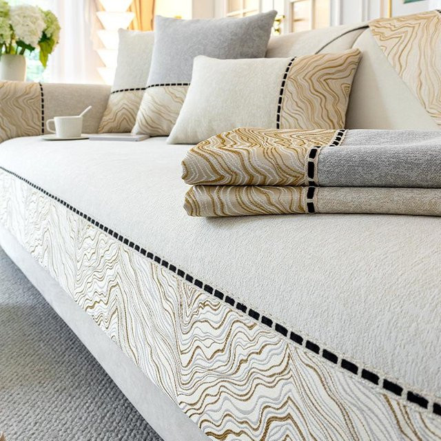 Super Six Chenille-Sofabezug in Beige mit Spleißmusterkanten, rutschfestes und einfarbiges Sofatuch für das Wohnzimmer, B/B: 90 x 180 cm - Bild 1