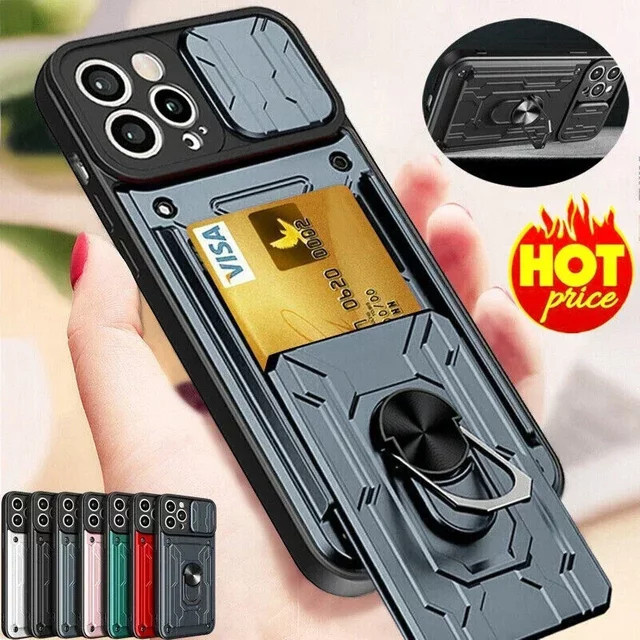 Magnetische Schutzhülle für Apple iPhone mit Kamera-Schieber, Kartenfach und 360 Grad Ring in Schwarz oder Grau - Bild 1