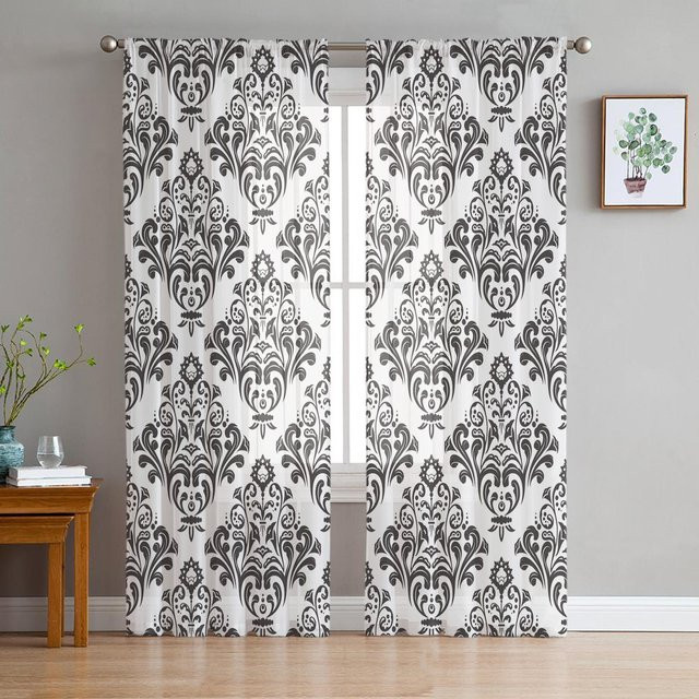 Super Six Transparente Tüll-Gardinen mit Blumenmuster in Schwarz-Weiß, B: 135 cm, H: 114 cm - Bild 1