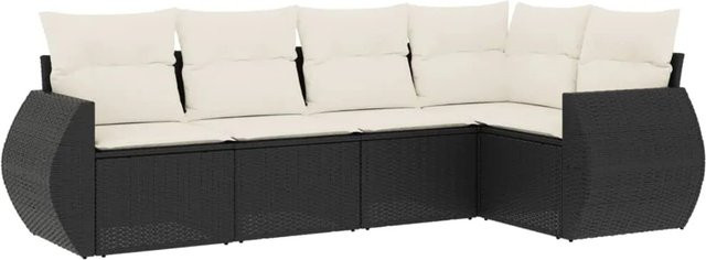 vidaXL 5-teilige Garten-Sofagarnitur in L-Form aus Poly-Rattan mit Kissen in Schwarz und Cremeweiß - Bild 1