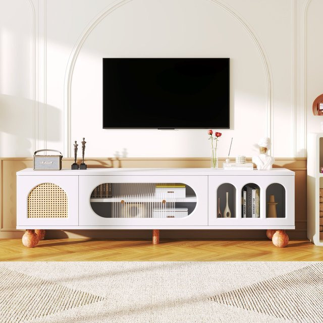 Aosom TV Schrank in Weiß mit Rattan-Optik, Glasschiebetüren und Massivholzfüßen, Breite: 170 cm - Bild 1