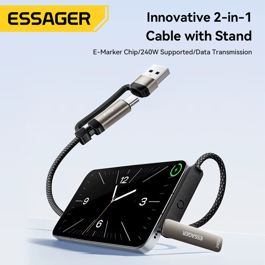 Essager 2-in-1 USB-C-Kabel mit integriertem Telefonständer, 240W Schnellladekabel für iPhone, iPad, Macbook, Xiaomi und Samsung - Bild 2