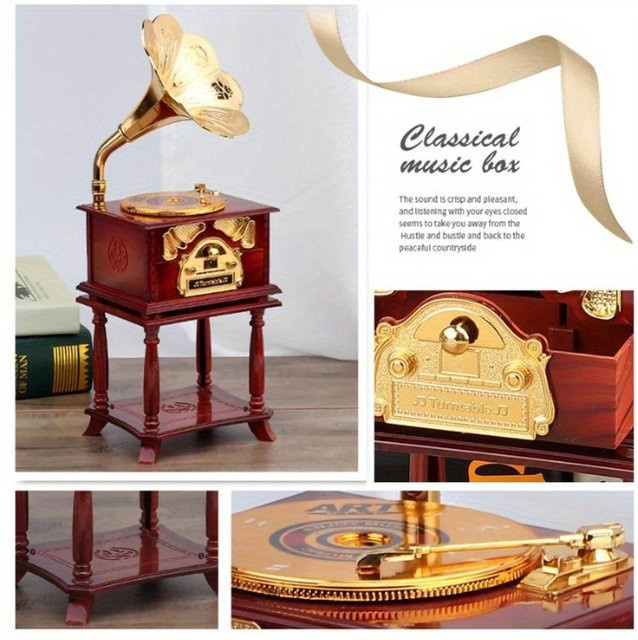 Retro Grammophon Mini Spieluhr im klassischen Design mit acht Tönen in Weiß oder Braun - Bild 1