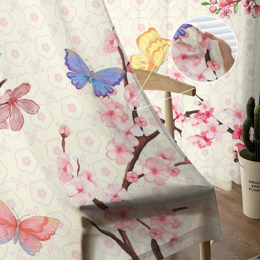 A Family Of Home Textiles Transparentes Voile Fenster Vorhang mit Schmetterling Kirschblüte und Pflaume, B: 135 cm, H: 114 cm - Bild 2