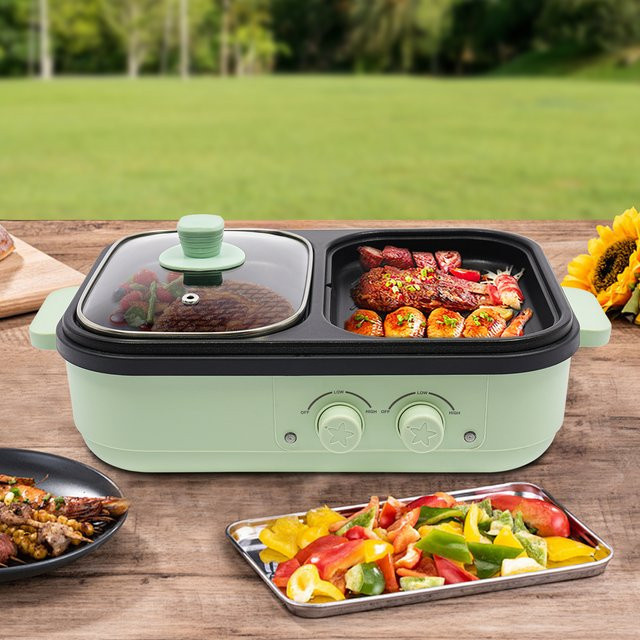 Bymaocar 2-in-1 Hot Pot und Grillplatte in Grün mit Antihaftbeschichtung und 1300W Leistung - Bild 1