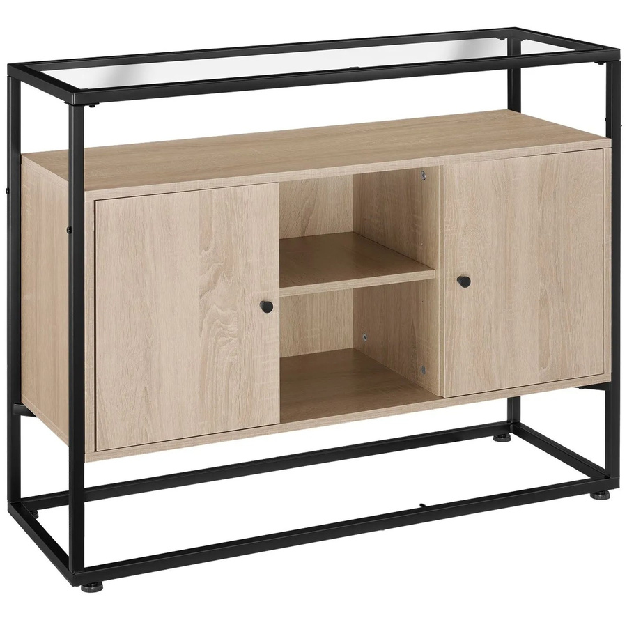 tectake Sideboard Industrial Style in Braun und Schwarz mit Glasplatte, offener Ablage, 2 Staufächern mit Magnettüren und 3 Einlegeböden, B/T/H: 100 x 38 x 80,5 cm - Bild 2