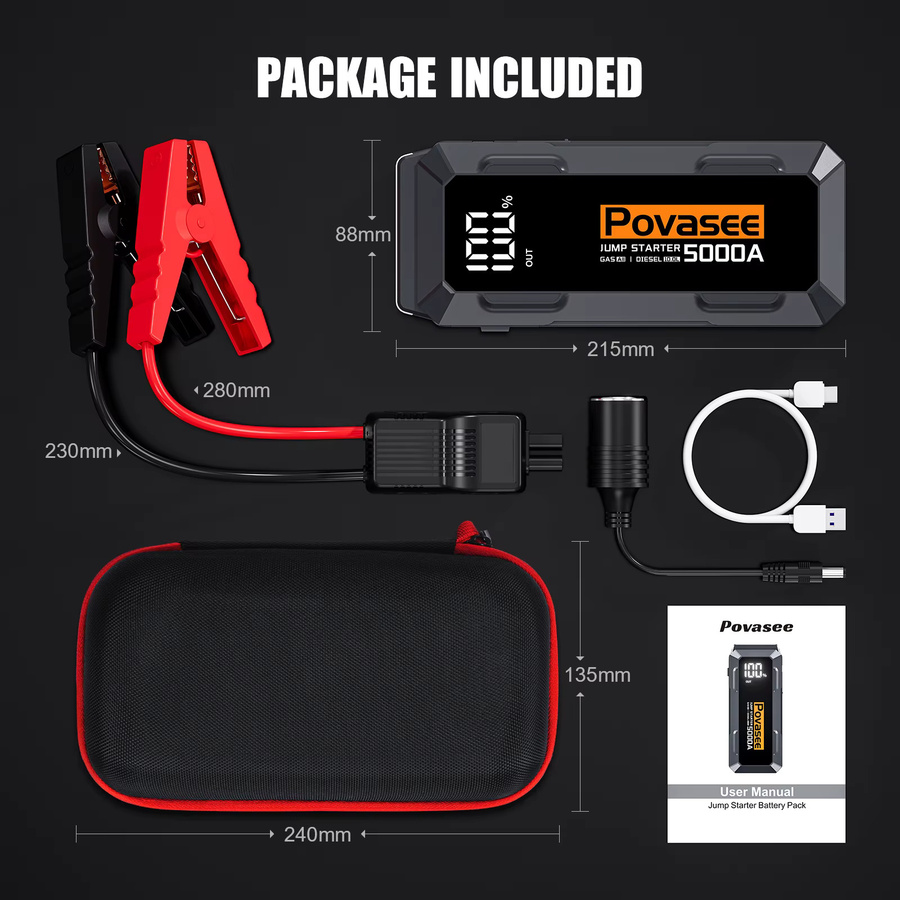 POVASEE Auto Starthilfe 12V mit 2000A-5000A als tragbare Power Bank und Batterie Starter Booster in Schwarz - Bild 2