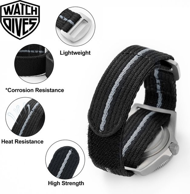 Watchdives Uhrenarmband, Nylon, Titan, Schwarz, Herren, 20 mm, 22 mm - Bild 1