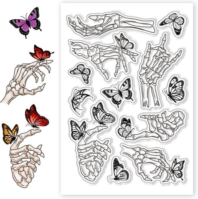 Transparente Silikonstempel mit Skelett-Hand und Schmetterlings-Motiv für DIY Scrapbooking und dekorative Kartengestaltung - Bild 1