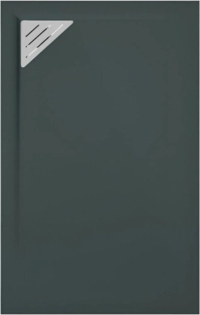 Mirlo Duschwanne Trinity aus Mineralguss in Anthrazit, extra flach, mit Chrom-Ablaufschutz und Linksbündigem Ablauf, B/T: 110 x 70 cm