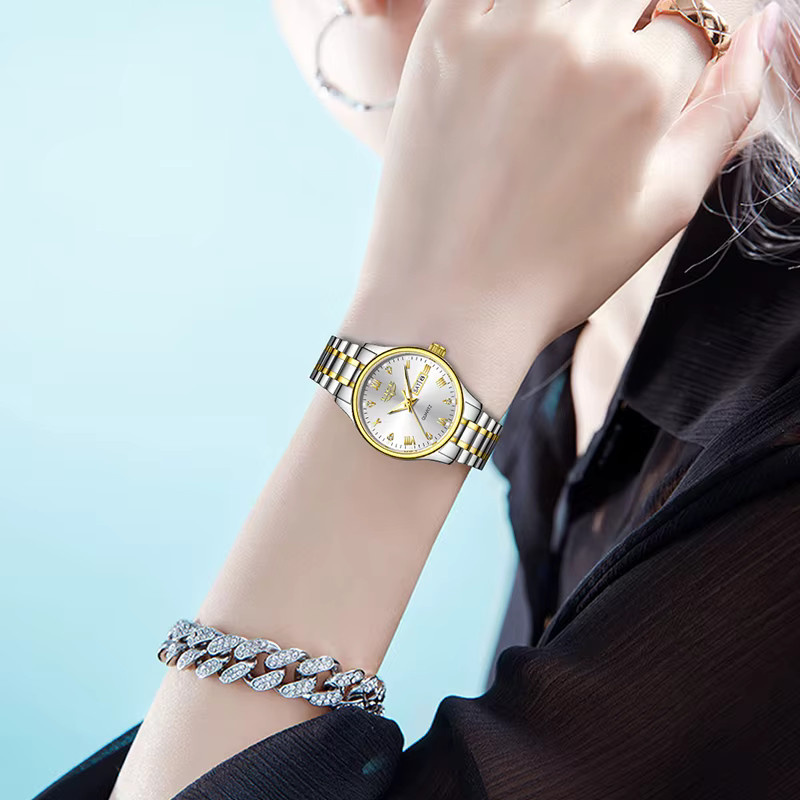 LIGE Armbanduhr Quarz, Edelstahl, Bicolor, Weiß, Damen, Wochentag, Datum - Bild 3