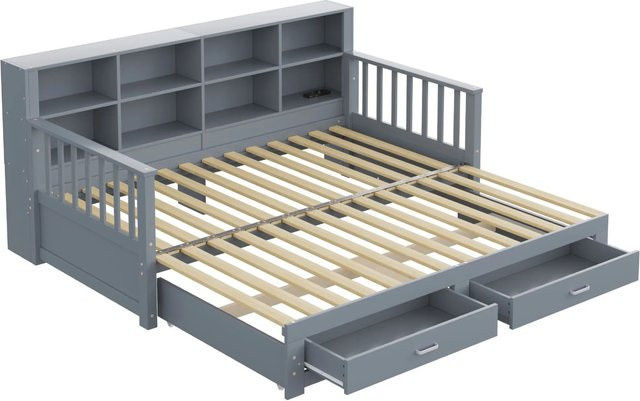 Merax Schlafsofa in Grau mit Massivholz-Elementen, USB-Ladefunktion und Auszugsschublade, B/T/H: 90 x 190 x 80 cm - Bild 1