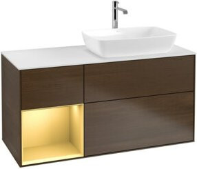 V&B Waschtischunterschrank Finion in Weiß mit goldfarbenen Regalelementen und Holzmaserung, Breite: 120 cm, Tiefe: 50,1 cm, Höhe: 50,1 cm - Bild 1