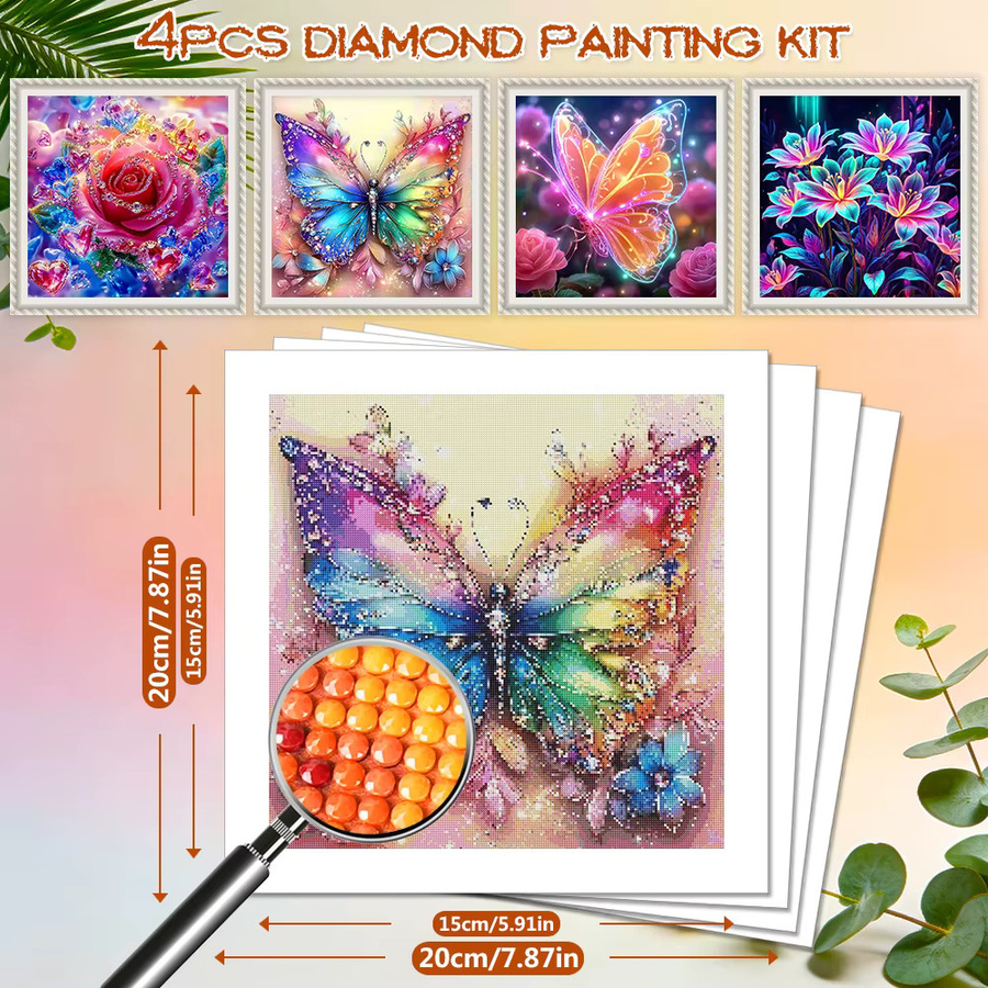 EverShine 4er Set DIY Diamantmalerei Schmetterling und Rosen mit 5D Vollrunde Bohrern als moderne Wanddekoration in Multicolour - Bild 2